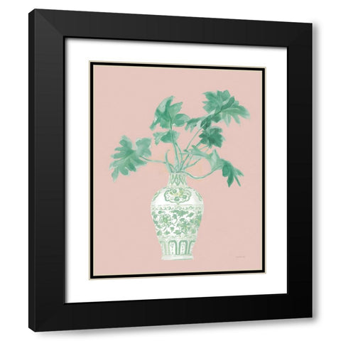 Palm Chinoiserie III Pink Green v2 Black Modern Wood Framed Art Print with Double Matting by Nai, Danhui