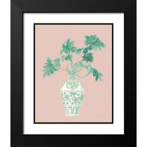 Palm Chinoiserie III Pink Green v2 Black Modern Wood Framed Art Print with Double Matting by Nai, Danhui