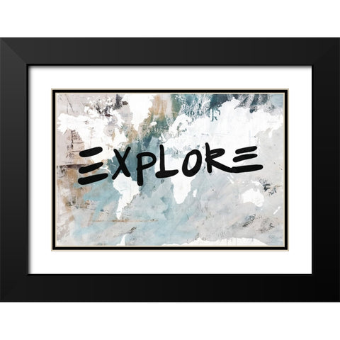 Explore Neutral World Map Black Modern Wood Framed Art Print with Double Matting by Youngstrom, Kent