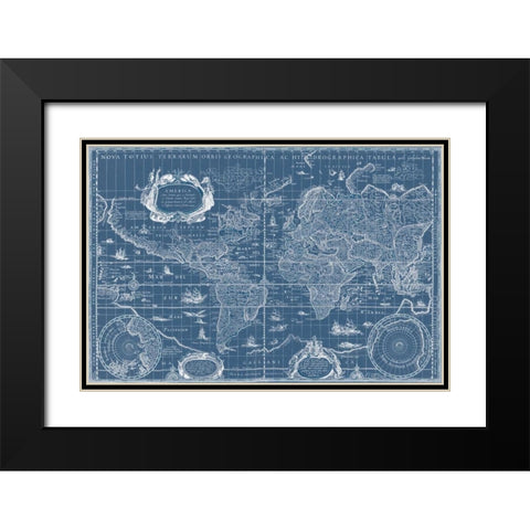 Blueprint World Map Black Modern Wood Framed Art Print with Double Matting by Blaeu, Willem