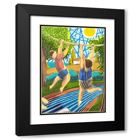 Dos Chicos jugando en el rio Black Modern Wood Framed Art Print with Double Matting by Ortas, Javier