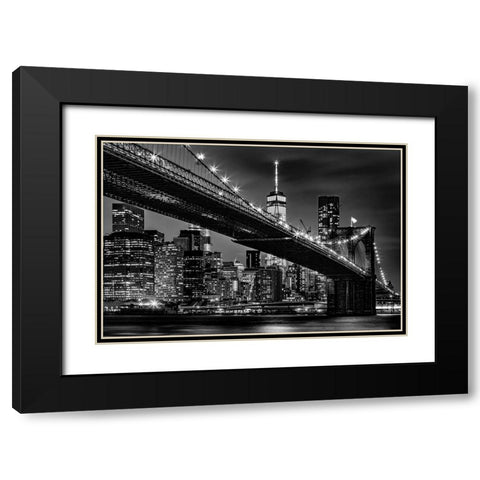 New York Skyline at Night Black Modern Wood Framed Art Print with Double Matting by Seifinger, Toby