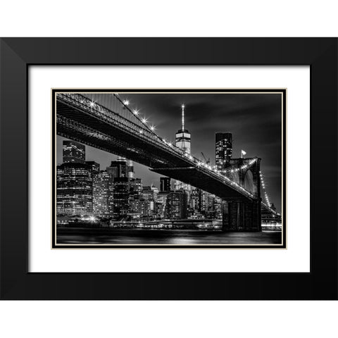 New York Skyline at Night Black Modern Wood Framed Art Print with Double Matting by Seifinger, Toby