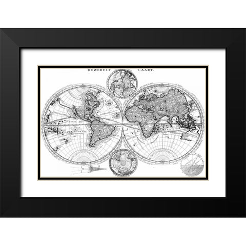 Custom World Map Blueprint Black Modern Wood Framed Art Print with Double Matting by Studio W