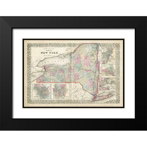 Johnsons Map of New York Black Modern Wood Framed Art Print with Double Matting by Johnson