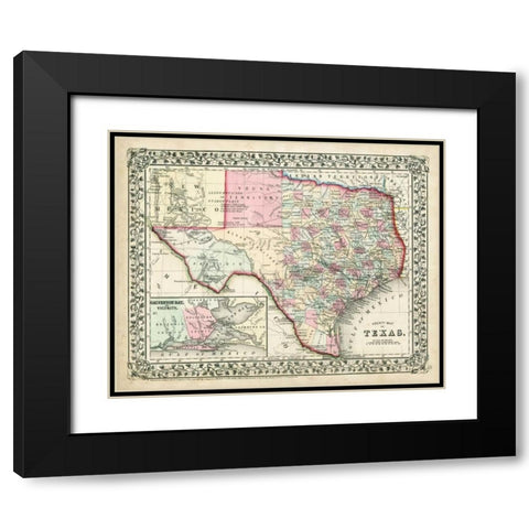 Johnsons Map of Texas Black Modern Wood Framed Art Print with Double Matting by Johnson