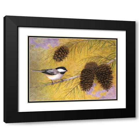 Chickadee in the Pines I Black Modern Wood Framed Art Print with Double Matting by Matcham, Marcia