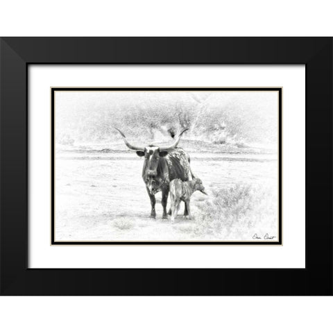 Longhorn and Baby Black Modern Wood Framed Art Print with Double Matting by Drost, David