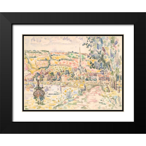 Petit Andely-The River Bank Black Modern Wood Framed Art Print with Double Matting by Signac, Paul