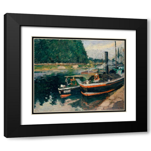 Barges at Pontoise Black Modern Wood Framed Art Print with Double Matting by Pissarro, Camille