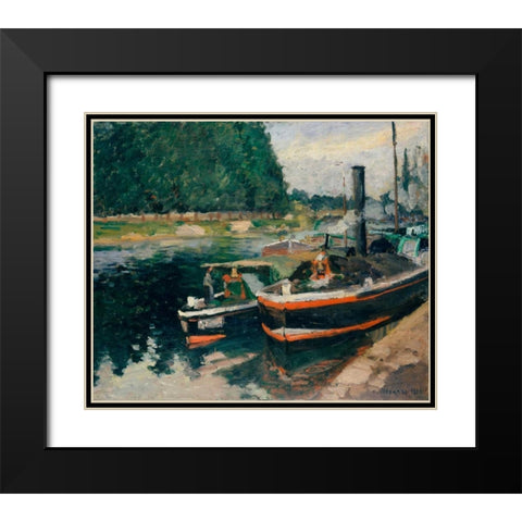 Barges at Pontoise Black Modern Wood Framed Art Print with Double Matting by Pissarro, Camille