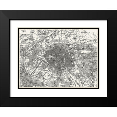 Custom B and W Map of Paris Black Modern Wood Framed Art Print with Double Matting by Vision Studio