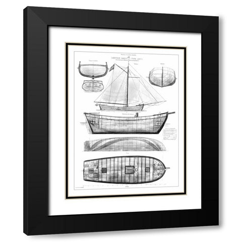 Custom Antique Ship Blueprint in BW II Black Modern Wood Framed Art Print with Double Matting by Vision Studio