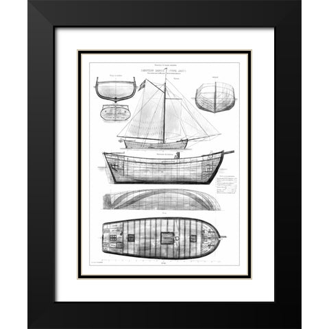 Custom Antique Ship Blueprint in BW II Black Modern Wood Framed Art Print with Double Matting by Vision Studio