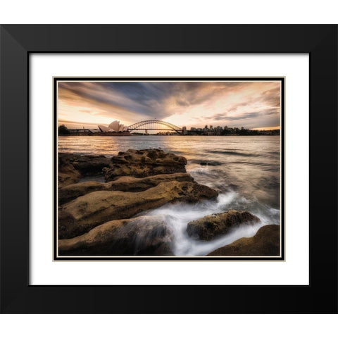 Sydney in Gold and Blue Black Modern Wood Framed Art Print with Double Matting by Head, Danny