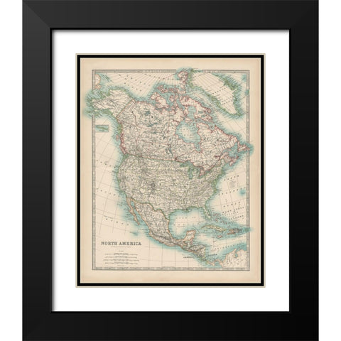 Johnstons Map of North America Black Modern Wood Framed Art Print with Double Matting by Johnston
