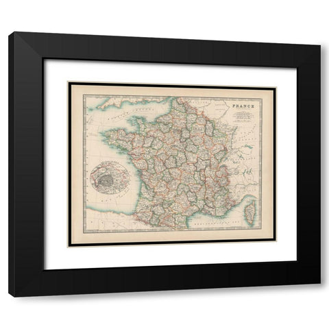 Johnstons Map of France Black Modern Wood Framed Art Print with Double Matting by Johnston
