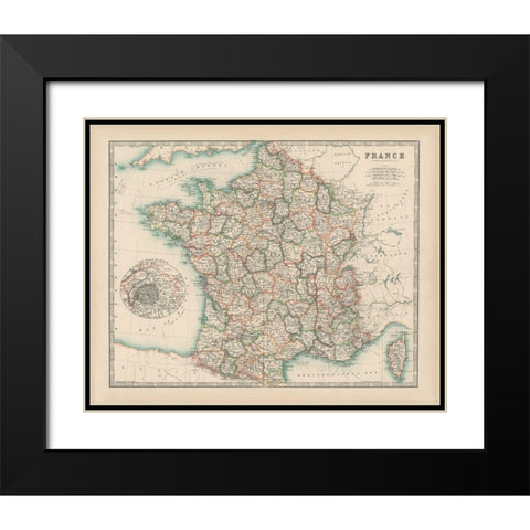 Johnstons Map of France Black Modern Wood Framed Art Print with Double Matting by Johnston