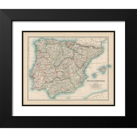 Johnstons Map of Spain and Portugal Black Modern Wood Framed Art Print with Double Matting by Johnston