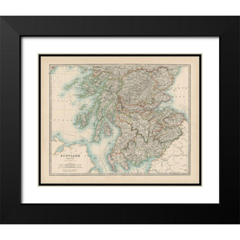 Johnstons Map of Scotland Black Modern Wood Framed Art Print with Double Matting by Johnston