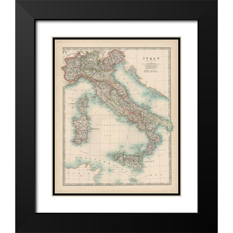 Johnstons Map of Italy Black Modern Wood Framed Art Print with Double Matting by Johnston