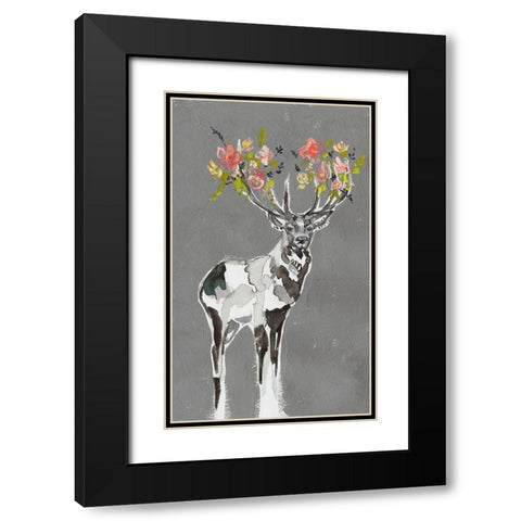 Deer and Flowers I Black Modern Wood Framed Art Print with Double Matting by Goldberger, Jennifer