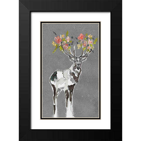 Deer and Flowers I Black Modern Wood Framed Art Print with Double Matting by Goldberger, Jennifer