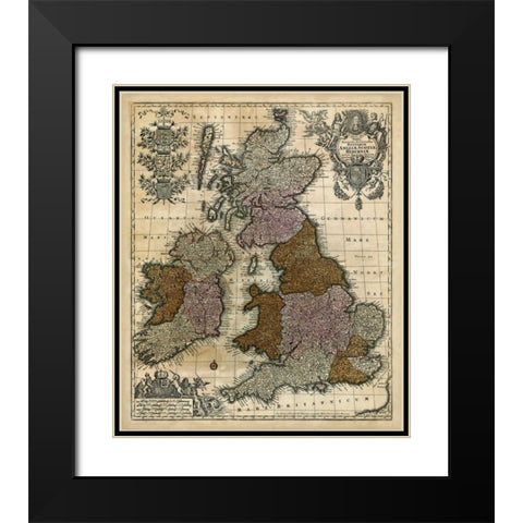Map of England, Scotland and Ireland Black Modern Wood Framed Art Print with Double Matting by Unknown