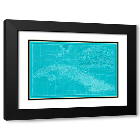 Map of Cuba in Aqua Black Modern Wood Framed Art Print with Double Matting by Vision Studio