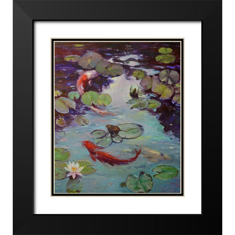 Red Koi and Lilies Black Modern Wood Framed Art Print with Double Matting by Larivey, Chuck
