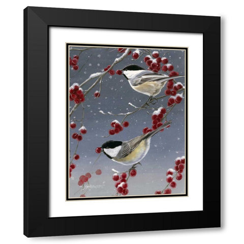 Winter Chickadees II Black Modern Wood Framed Art Print with Double Matting by Szatkowski, Fred
