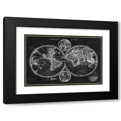 Charcoal World Map Black Modern Wood Framed Art Print with Double Matting by Studio W