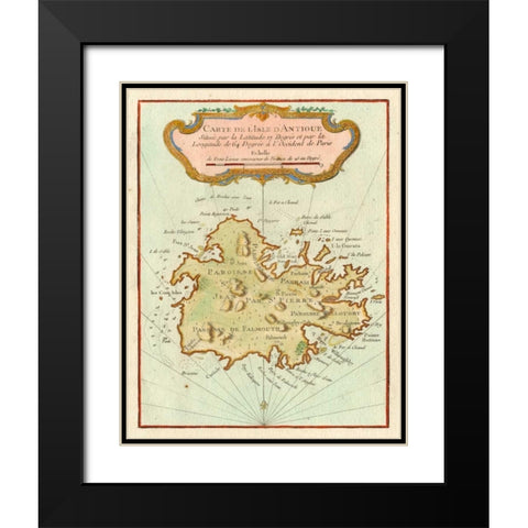 Petite Map of Island of Antigua Black Modern Wood Framed Art Print with Double Matting by Unknown