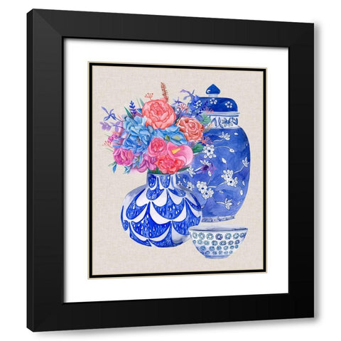 Delft Blue Vases I Black Modern Wood Framed Art Print with Double Matting by Wang, Melissa