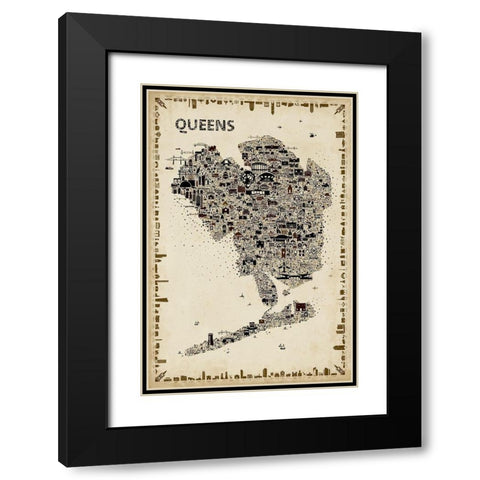 Antique New York Collection-Queens Black Modern Wood Framed Art Print with Double Matting by Esquer, Rafael