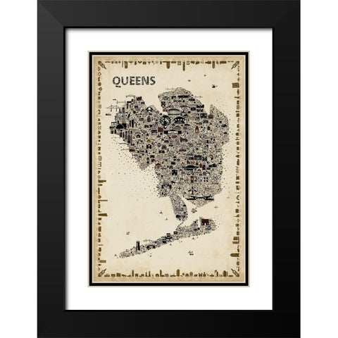 Antique New York Collection-Queens Black Modern Wood Framed Art Print with Double Matting by Esquer, Rafael