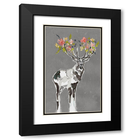 Custom Deer and Flowers I Black Modern Wood Framed Art Print with Double Matting by Goldberger, Jennifer