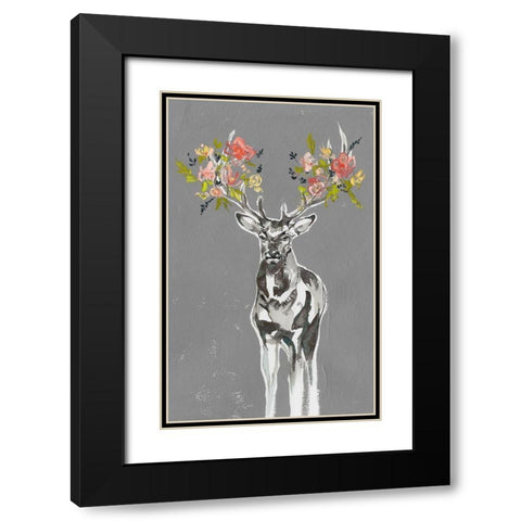 Custom Deer and Flowers II Black Modern Wood Framed Art Print with Double Matting by Goldberger, Jennifer
