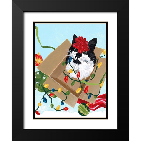 Meowy Hissmas II Black Modern Wood Framed Art Print with Double Matting by Vess, June Erica