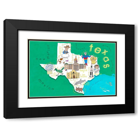 Illustrated State Maps Texas Black Modern Wood Framed Art Print with Double Matting by Daly, Carla