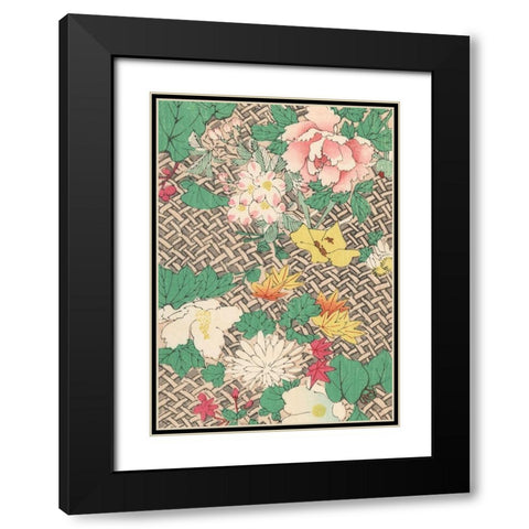 Japanese Floral Design IV Black Modern Wood Framed Art Print with Double Matting by Furuya, Korin