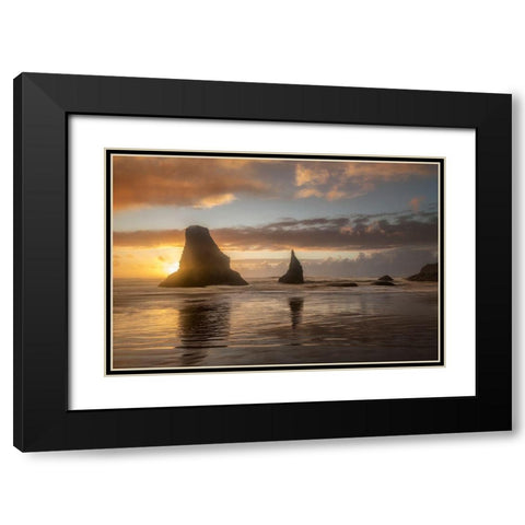 Sunset Sea Stacks Black Modern Wood Framed Art Print with Double Matting by Head, Danny