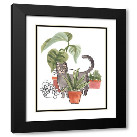 Purrfect Plants I Black Modern Wood Framed Art Print with Double Matting by Vess, June Erica