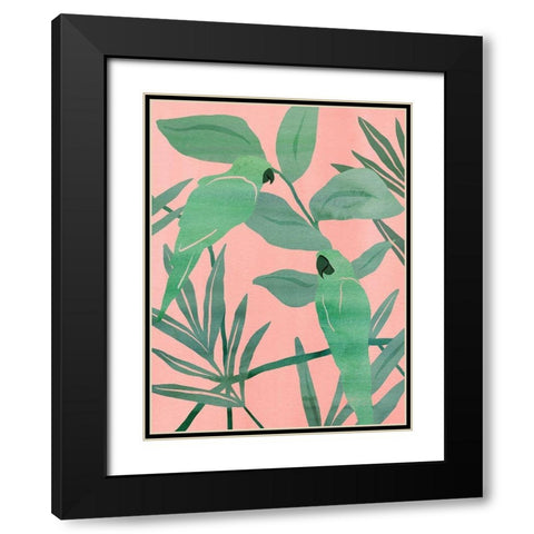 Pink and Green Birds of Paradise I Black Modern Wood Framed Art Print with Double Matting by Wang, Melissa