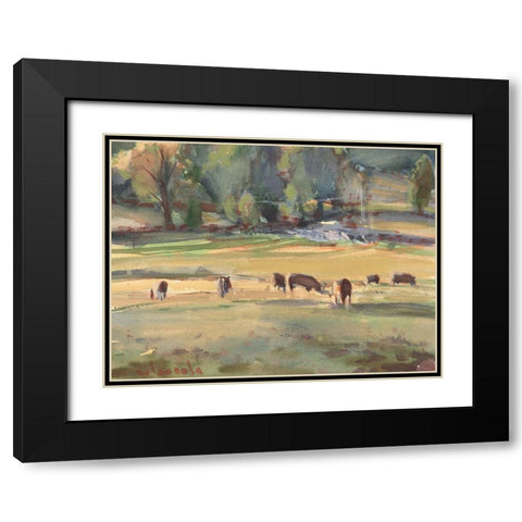 Grazing Cows Watercolor Black Modern Wood Framed Art Print with Double Matting by Calcasola, Stephen