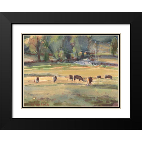 Grazing Cows Watercolor Black Modern Wood Framed Art Print with Double Matting by Calcasola, Stephen