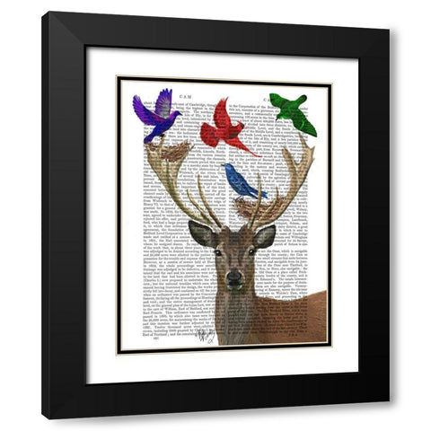 Deer and Birds Nests Black Modern Wood Framed Art Print with Double Matting by Fab Funky