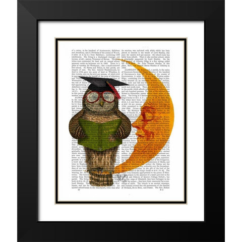Owl On The Moon Black Modern Wood Framed Art Print with Double Matting by Fab Funky