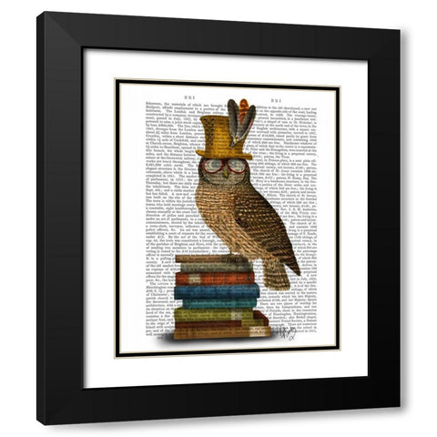 Owl On Books Black Modern Wood Framed Art Print with Double Matting by Fab Funky