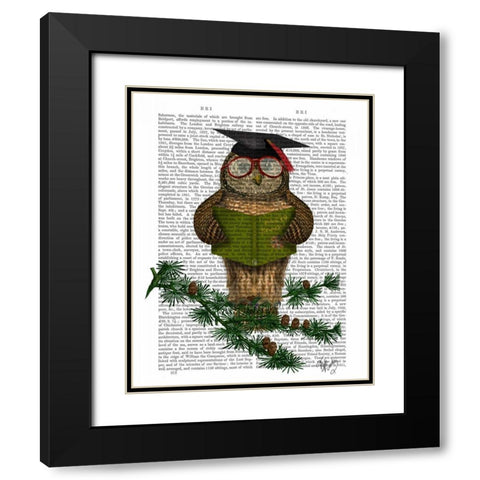 Owl Reading On Branch Black Modern Wood Framed Art Print with Double Matting by Fab Funky